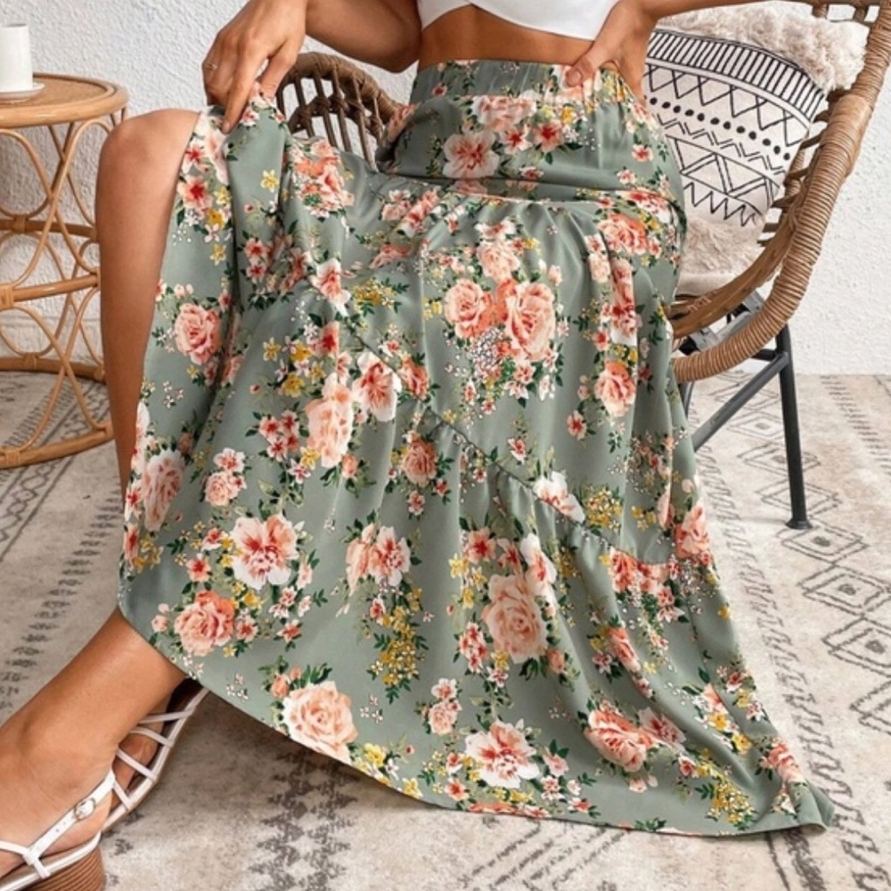 SHEIN Floral Print Midi Skirt in Green and Pink